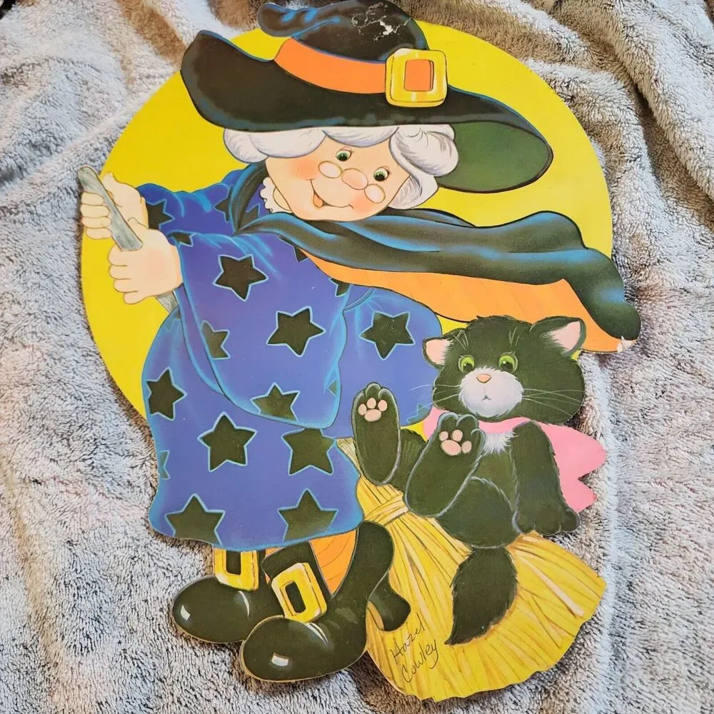Vintage Halloween Witch on Broom Die Cut Flocked Velvet Double Sided Decoration